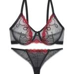 ست شورت و سوتین توری فنردار Barone بارونه گلدوزی مشکی قرمز کد 1312135