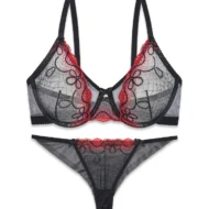 ست شورت و سوتین توری فنردار Barone بارونه گلدوزی مشکی قرمز کد 1312135