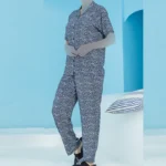 ست زنانه پیراهن آستین کوتاه و پیژامه طرحدار سرمه ای بلکس (نیکوتن پوش) کد 63416