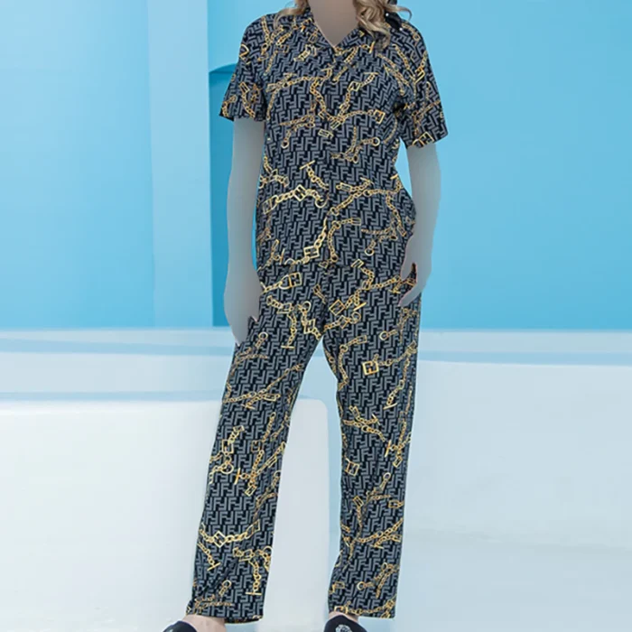 1757175630-IMG_9809 copy ست زنانه پیراهن آستین کوتاه و پیژامه طرحدار زنجیری بلکس (نیکوتن پوش) کد 63417